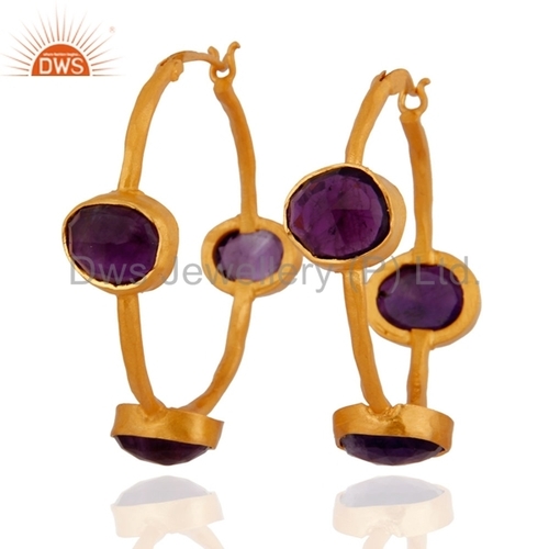 Amethyst Hoop Earrings - Sterling Silver 1.857 x 0.461 Inch | 22K Gold Plated Perfect for Weddings and Anniversaries