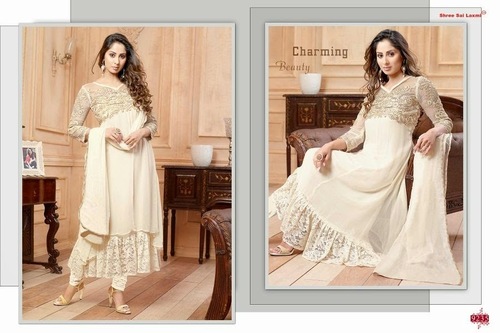 Designer Anarkali Salwar Kameez - Georgette Fabric, Off-White, Embroidery Work, Elegant Party Wear