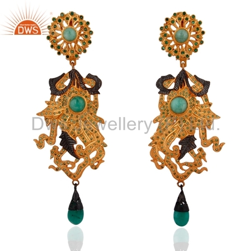 Natural Emerald Gemstone Earrings Jewelry - 18k Gold Over Sterling Silver, Emerald Color