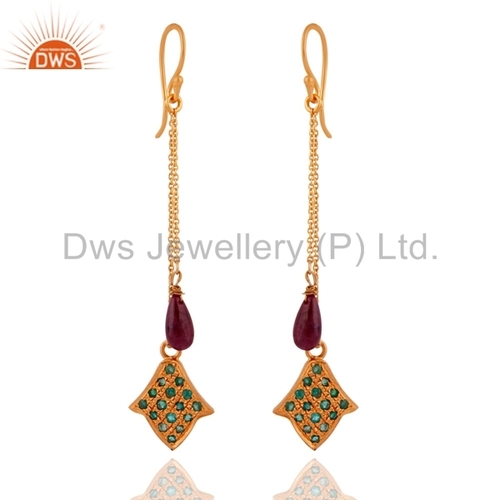 Emerald Ruby Earrings - 18k Gold Plated Over 925 Silver , Elegant Gemstone Jewelry