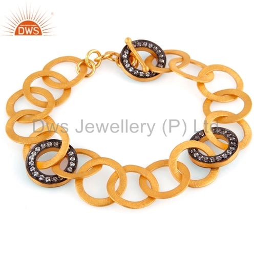 925 Sterling Silver Gold Plated Chain & Link Bracelet - Crafted with Zircon Stones, Elegant and Durable Design, Perfect for Stylish Wear