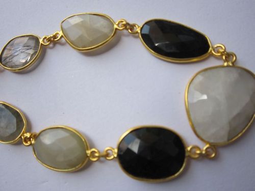 multi stone 7 pcs connectors gold plated bracelet 7.5 inch 