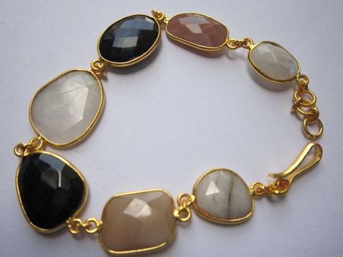 multi stone 7 pcs connectors gold plated bracelet 7.5 inch 