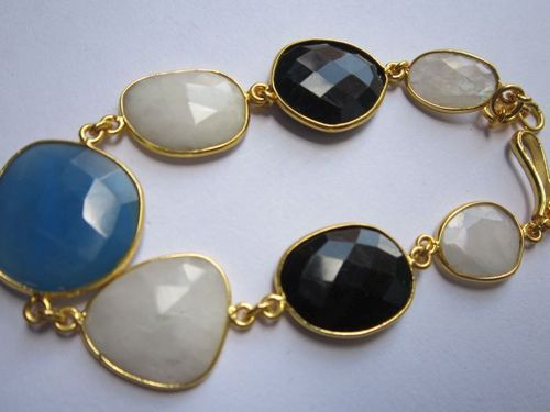 multi stone 7 pcs connectors gold plated bracelet 7.5 inch 