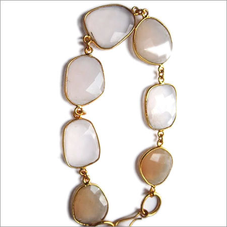 peach moonstone 7 pcs connectors gold plated bracelet 7.5 inch 