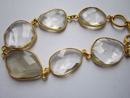 crystal quartz & peach moonstone  7 pcs connectors  gold plated bracelet 7.5 inch 