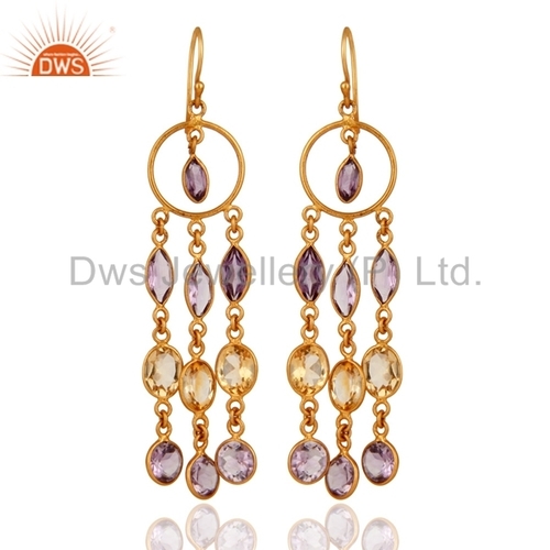 18k Gold Plated Citrine and Amethyst Earrings