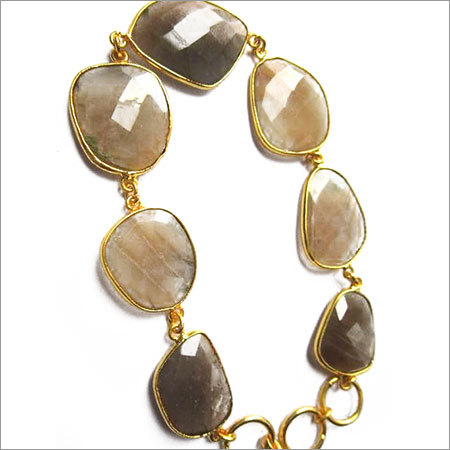 peach moonstone  7 pcs connectors  gold plated bracelet 7.5 inch 