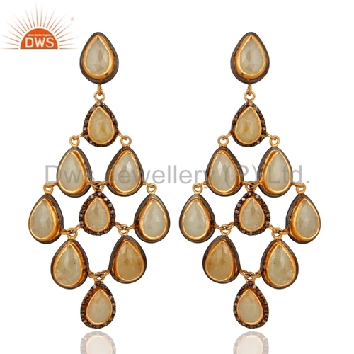 Blue Sapphire Pave Diamond 18K Gold Over 925 Silver Earrings - 2 Inch Drop, Elegant Luxury Design