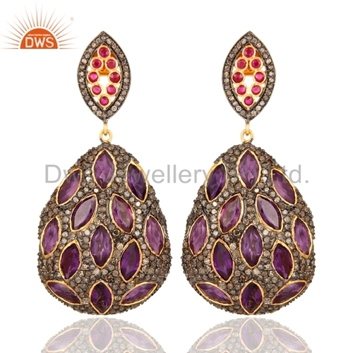 Round Brilliant Cut Amethyst Gemstone Antique Diamond Earrings