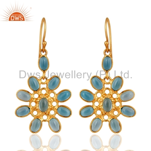 Flower Designer Gold Plated Silver Blue Chalcedony Earrings Jewelry Gender: Women
