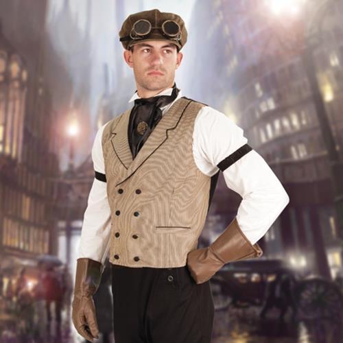 Jalopy Pinstripe Vest - Fabric S-XL Beige with Black Piping | Double-Breasted Adjustable Waist Cloth-Covered Buttons