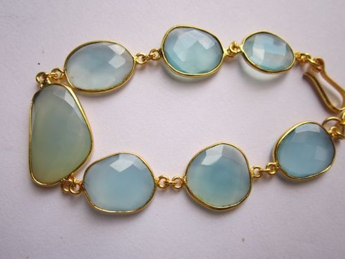 multi aqua chalcedony 7pcs connectors  gold plated bracelet 7.5 inch 