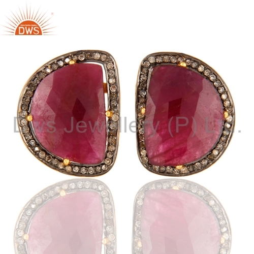 18K Gold Sterling Silver Ruby Pave Diamond Earrings