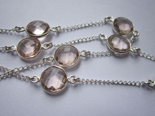 Pear Cut Pink Crystal Quartz 18 Inch  11Mm Faceted Coin Connectors Chain Silver Plated 