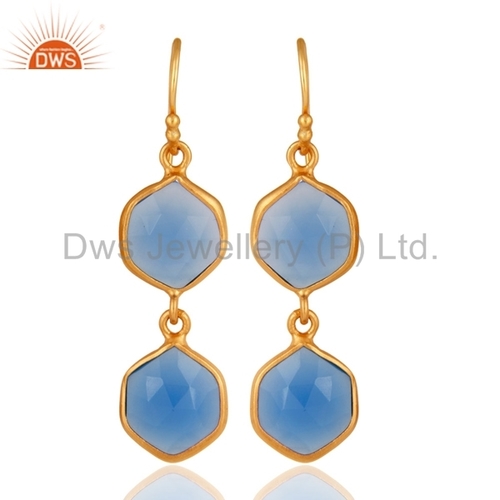 Aqua Chalcedony /& White Zirconia Drops Brass Earrings 14K Gold Plated Jewelry