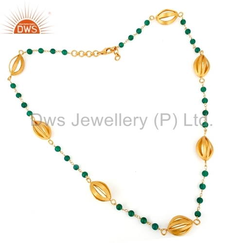 Gold Vermeil Green Onyx Beaded Necklace - 925 Sterling Silver | Perfect for Anniversaries, Engagements, Weddings, and Gifts
