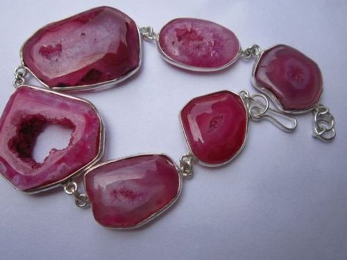 Red 126Cts 8 Inch 6 Pcs Pink Druzy Sterling Silver Coated Ready To Wear Bracelet