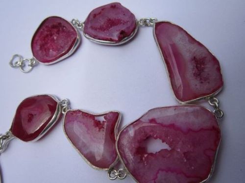 132.50cts 8 inch 6 pcs pink druzy sterling silver coated ready to wear bracelet 