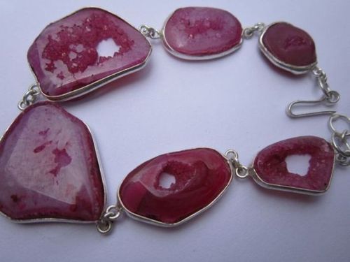 110.01cts 8 inch 6 pcs pink druzy sterling silver coated ready to wear bracelet 