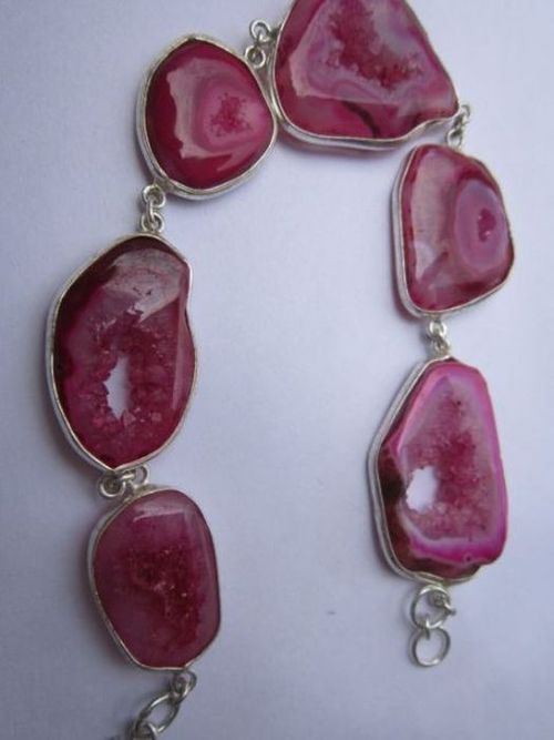 111.20cts 8 inch 6 pcs pink druzy sterling silver coated ready to wear bracelet 