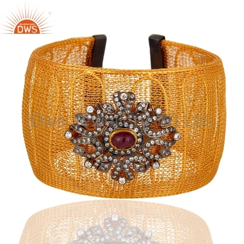 925 Silver Gold Plated Ruby Gemstone Cuff Bracelet Gender: Women