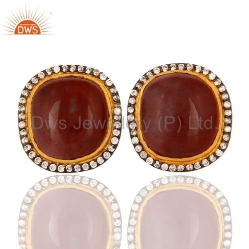 Gold Plated Red Agate Gemstone Stud Earrings