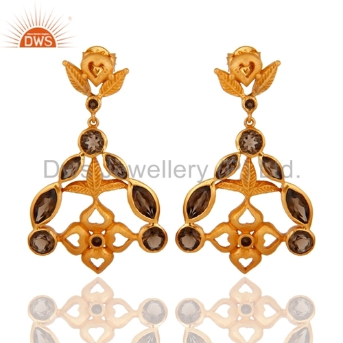 18k Gold-Plated 925 Silver Smoky Quartz Earrings - 2 Inches, Dangle Style | Elegant Design, High Polish Finish
