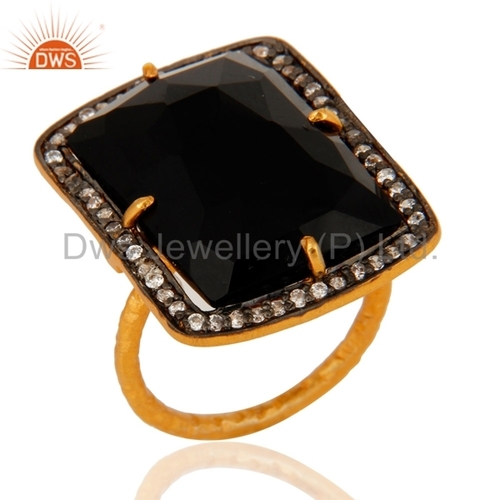 Checkerboard Black Onyx Gold Plated Sterling Silver Ring