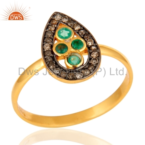 Round Brilliant Cut Emerald Diamond Gold Plated Silver Ring