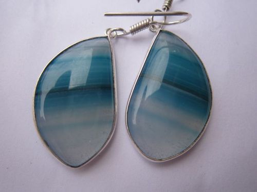 Multi Chalcedony Earrings - Sterling Silver Plated With Bronze White And Blue Stones Unique Cat Effect