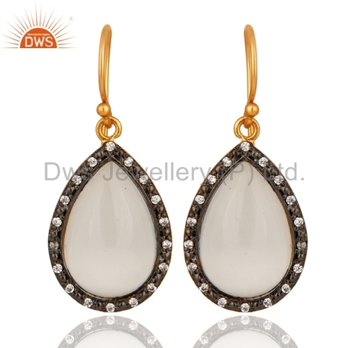 18K Gold Plated Sterling Silver White Moonstone & CZ Earrings