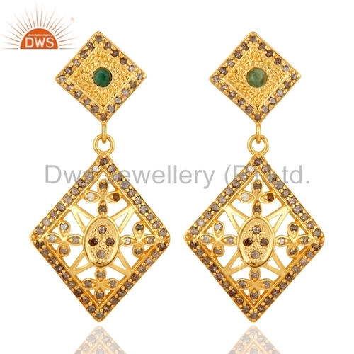 Round Brilliant Cut Silver Emerald & Pave Diamond Earrings Jewelry