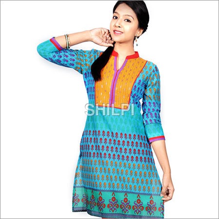 Printed Cotton Kurta with Sun Yellow Yoke - Cotton, S M L XL XXL, Blue and Green, Lightweight, Quick Dry, Washable, Female Use