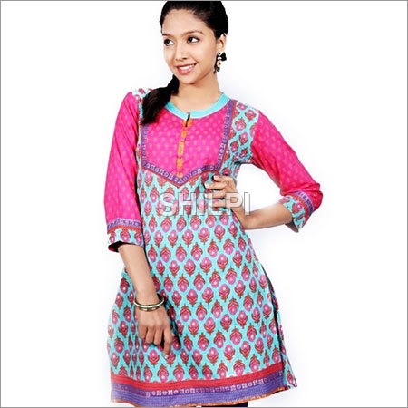 Blue Cotton Printed Kurta with Pink Yoke - Cotton, Sizes S-XXL, Color Blue with Pink Yoke | Lightweight, Quick Dry, Washable, Printed Design