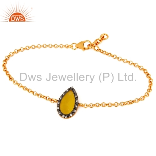 Yellow Moonstone Sterling Silver 18K Gold Plated Bracelet - 7 Inch, Lobster Clasp, Pave Setting | Elegant Design, Stylish Accessory