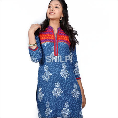 Indigo Blue Printed Cotton Kurti - Sizes S to XXL | Lightweight, Quick Dry, Washable, Colorful Yoke for Women
