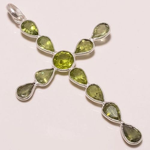 Green Peridot 7mm Round & 5x7mm Pear Cut Stone Shape Cross Pendant