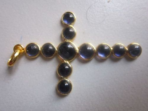 Blue Iolite 5mm Round Cabochons Shape Cross Pendant 22k Gold Plated