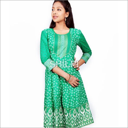 Green Printed Cotton Anarkali Kurta - S M L XL XXL, Light in Weight, Quick Dry, Washable