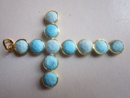 turquoise 9mm  round cabochons shape cross pendant 22k gold plated 