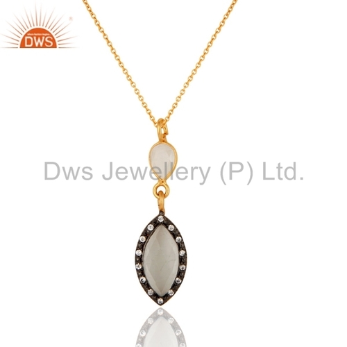 18K Gold Plated Sterling Silver Pendant - White Moonstone, 18-20 Inch Length, Pave Setting