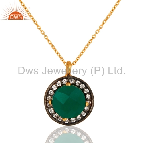 24K Gold On Sterling Silver Green Onyx Pendant - 15-20mm, 5-10g, Elegant Design, Pave Setting