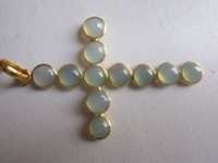 Aqua Green Chalcedony 7mm Round Cabochons Shape Cross Pendant 22k Gold Plated 