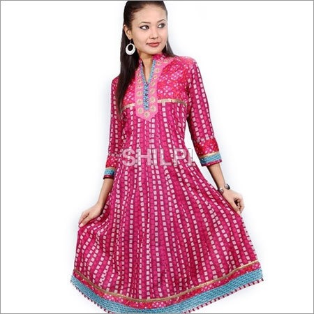 Printed Pink Cotton Anarkali with Embroidered Neckline Kurti - Standard Size S M L XL XXL | Lightweight, Quick Dry, Washable