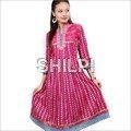 Printed Pink Cotton Anarkali with Embroidered Neckline Kurti