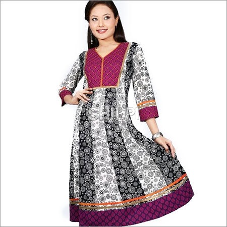 Black and White Printed Anarkali Kurta - Cotton, Sizes S M L XL XXL, Color: Black and White with Purple Yoke and Border | Lightweight, Quick Dry, Washable