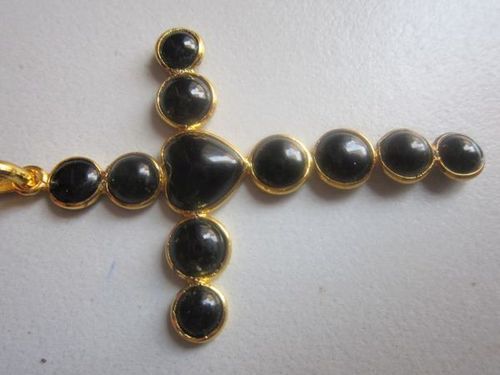 black onyx 7mm round & 10mm heart cabochons shape cross pendant 22k gold plated 