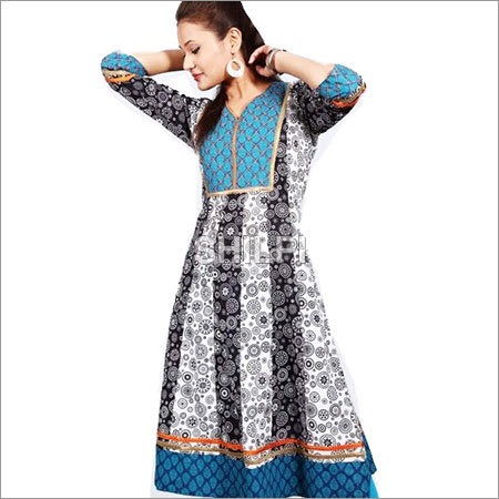 Black and White Printed Anarkali Kurta - Cotton, S M L XL XXL, Blue Printed Yoke and Border | Lightweight, Quick Dry, Washable
