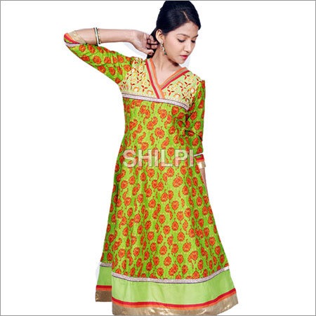 Green Printed Cotton Anarkali Kurta with Embroidered Yoke - Standard Sizes S, M, L, XL, XXL | Light in Weight, Quick Dry, Washable